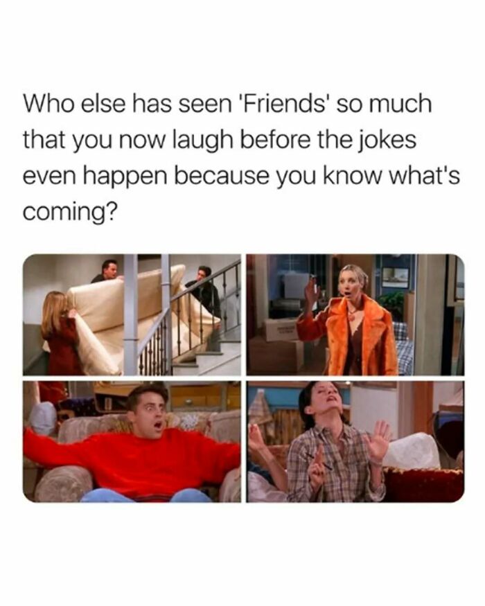 Fans of Friends laugh before jokes happen in classic scenes showing iconic moments from the timeless TV series Friends.