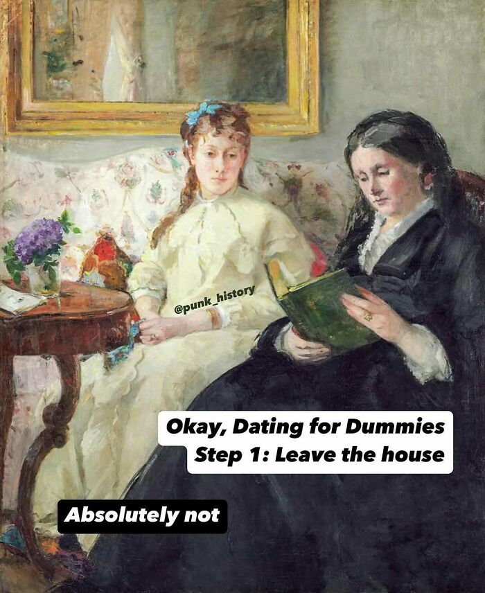 Classical art meme featuring two women, one reading a book titled Dating for Dummies, humorously about dating advice.