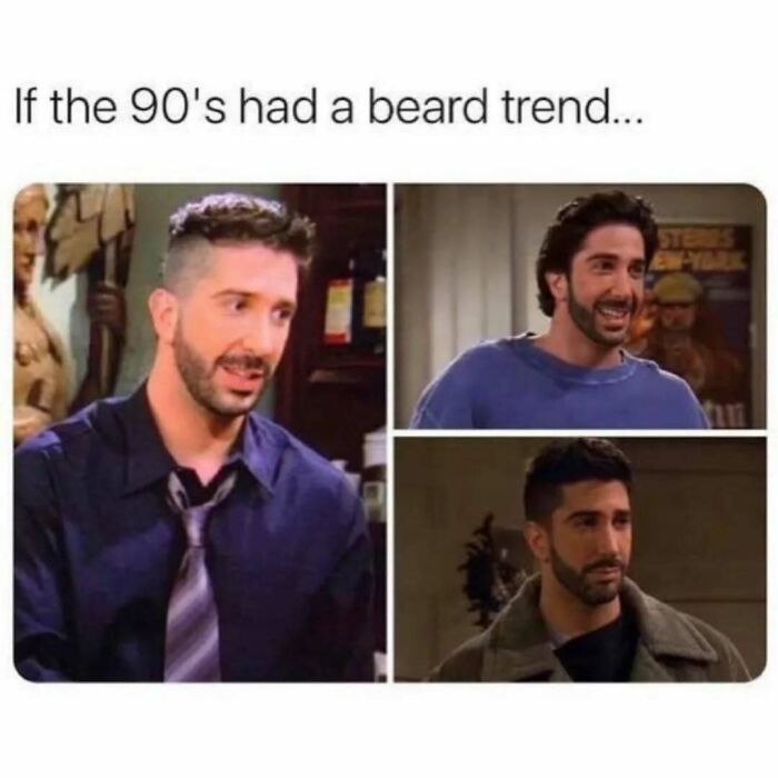 Ross Geller from Friends showing different 90s beard styles in three separate images.