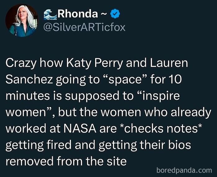 Tweet by user Rhonda highlighting irony about women inspiring space travel contrasted with women scientists facing job losses, therapy meme humor.