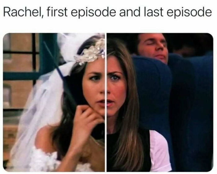 Split image of Rachel from Friends showing her in the first episode wearing a wedding veil and in the last episode on a plane, highlighting the timeless classic.