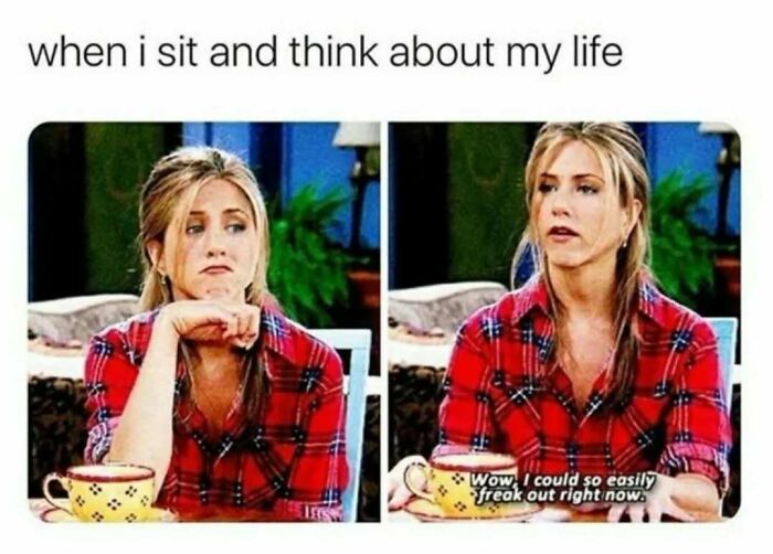 Rachel from Friends wearing a red plaid shirt looking thoughtful in a meme about reflecting on life.