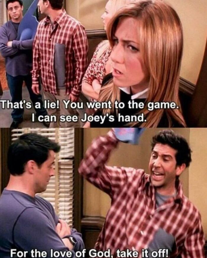 Friends meme showing characters Joey, Ross, Rachel, and Chandler in a humorous scene from the timeless classic TV show Friends.