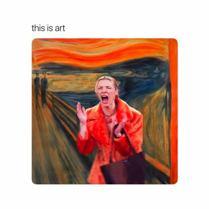 Woman in an orange coat mimicking a scream in front of an abstract sunset backdrop, illustrating Friends memes and posts.