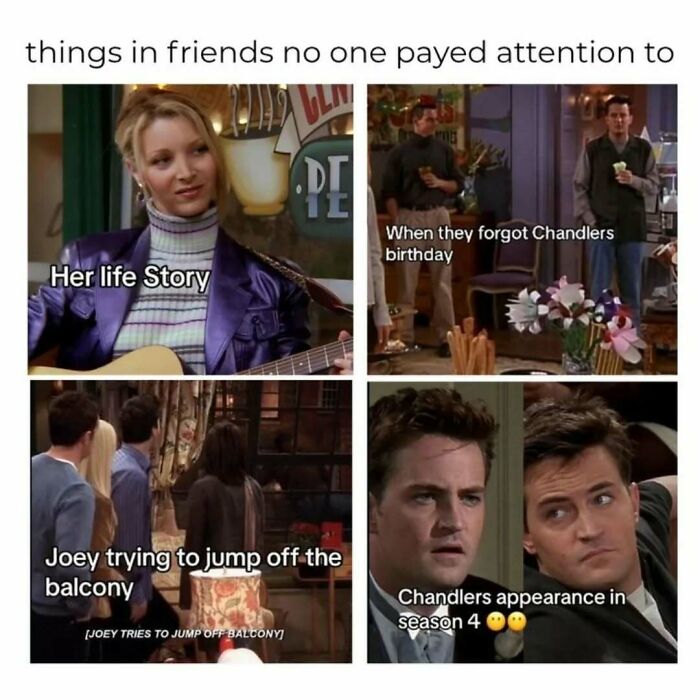 Scenes from Friends highlighting overlooked moments including a birthday, a life story, and character appearances in the classic series.