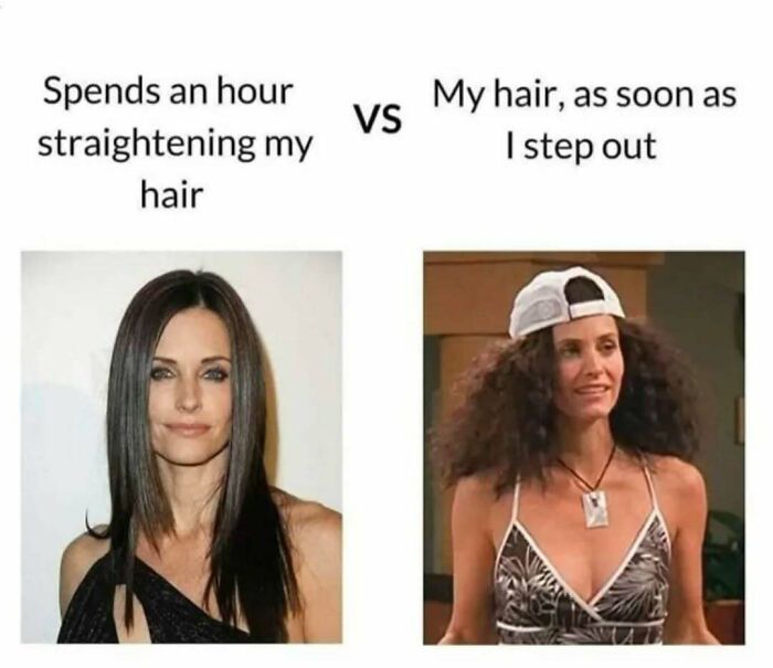 Split image meme showing a woman with straight hair versus a character from Friends with frizzy hair, highlighting timeless Friends humor.