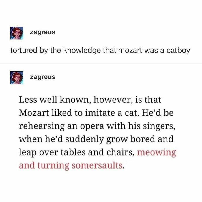 Funny and relatable therapy meme about Mozart acting like a cat, meowing and doing somersaults during rehearsals.