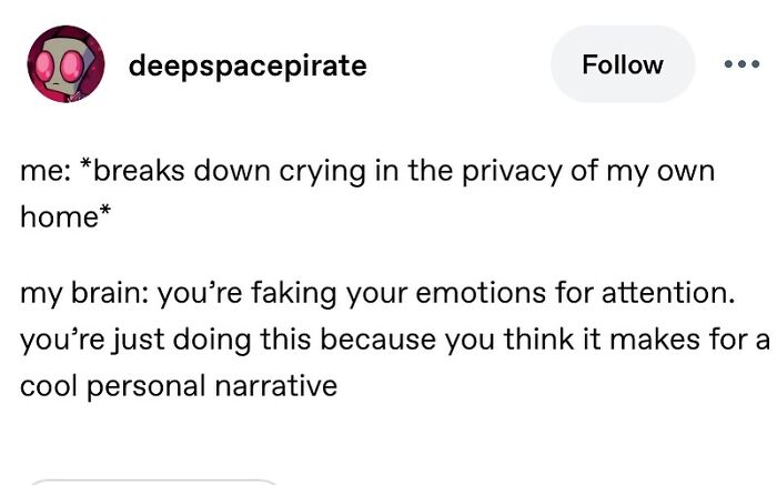 Therapy meme text showing internal struggle with emotions and self-doubt, highlighting funny and relatable therapy content.