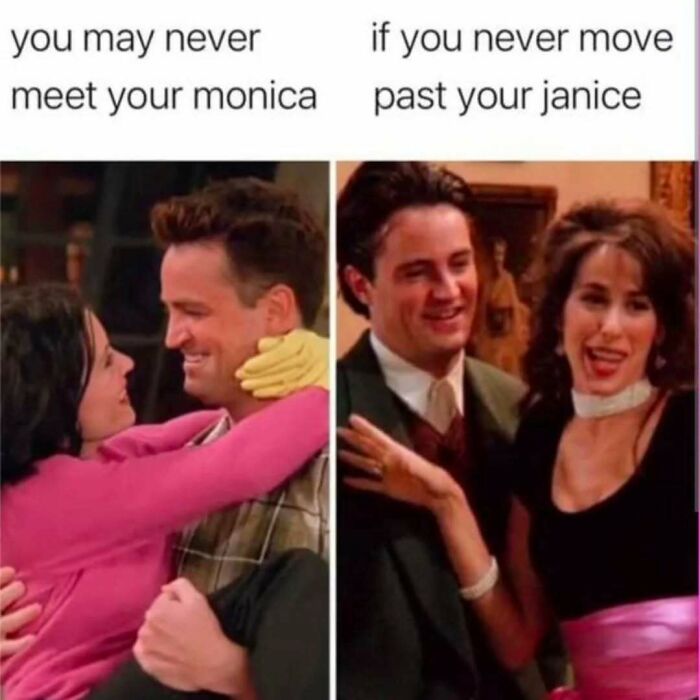 Scene from Friends showing Monica and Chandler hugging, and Chandler with Janice, highlighting timeless Friends memes and posts.