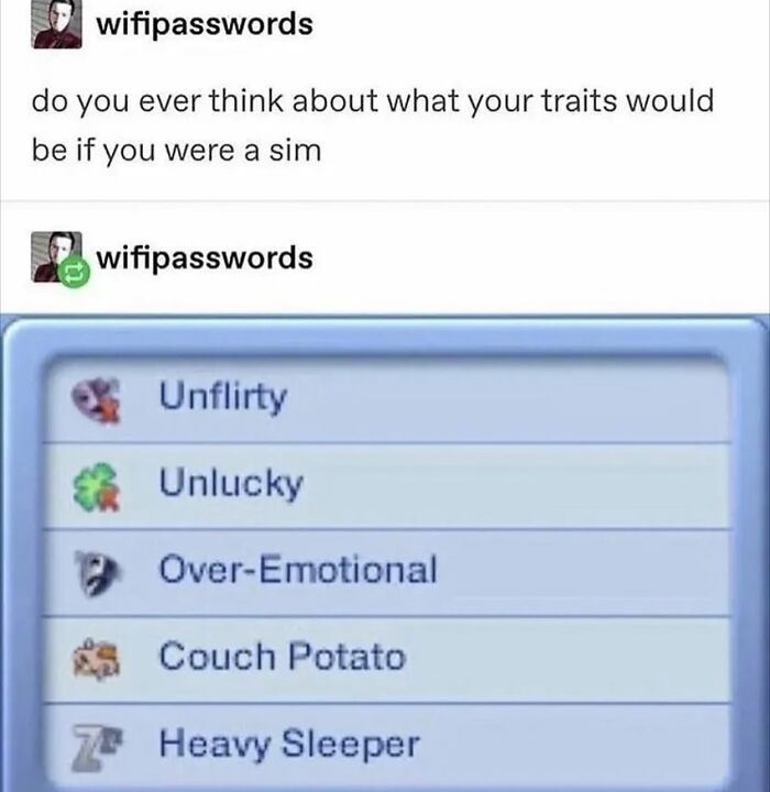 Screenshot of a meme listing relatable therapy traits as if they were Sim character traits like unflirty and couch potato.