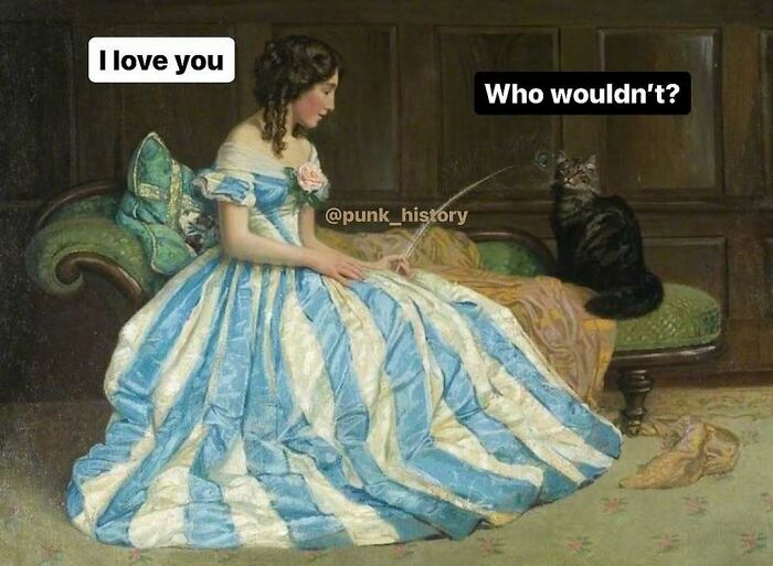 Woman in a blue and white striped dress sitting on a couch talking to a cat, a classical art meme with humor.