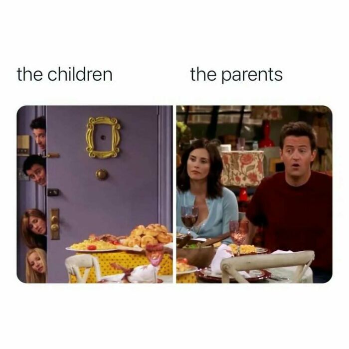 Friends characters peeking through door on one side and sitting at dinner table on the other, showcasing timeless classic moments.