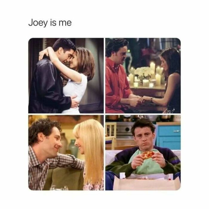 Four scenes from Friends show Joey with different women and eating pizza, illustrating timeless classic Friends moments in memes.