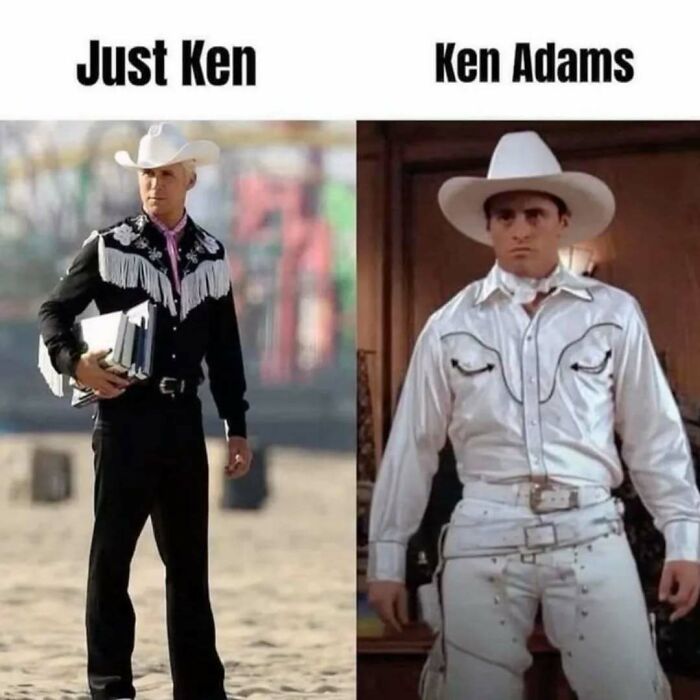 Side-by-side photos comparing two men dressed as cowboys, illustrating Friends memes and posts humor about Ken Adams.