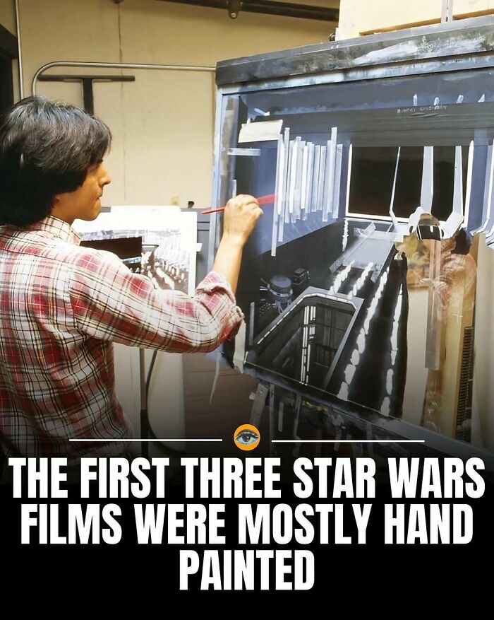Artist hand painting a detailed Star Wars scene, showcasing lighthearted facts and pics about movie art techniques.