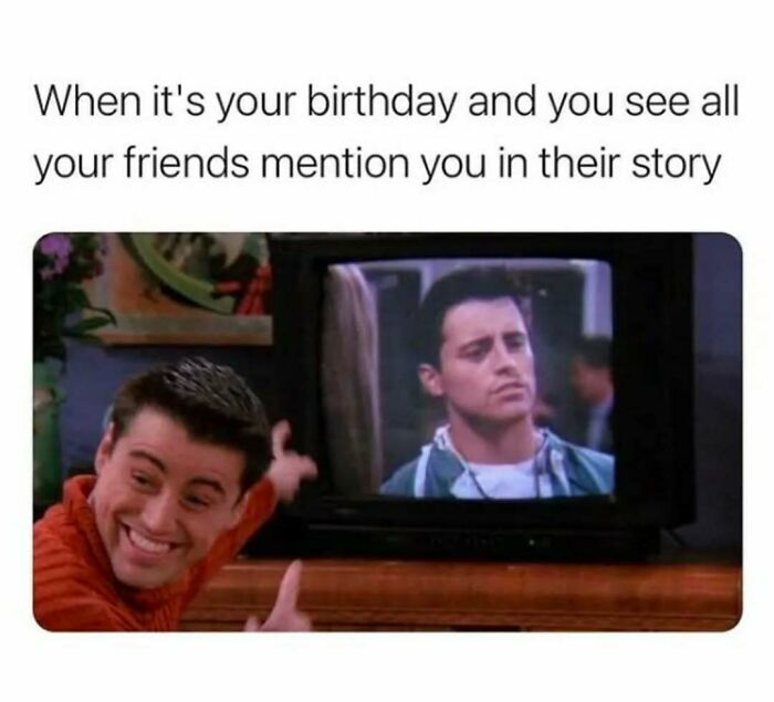 Scene from Friends showing Joey excitedly pointing at a TV screen with another Joey looking confused, meme format.