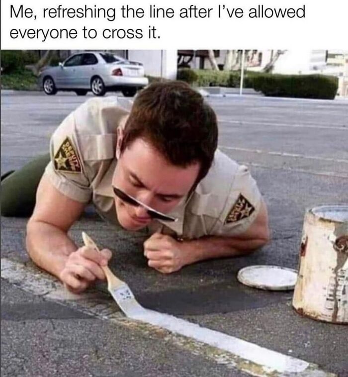 Man in a sheriff uniform lying on the ground painting over a parking lot line in funny and relatable therapy memes.
