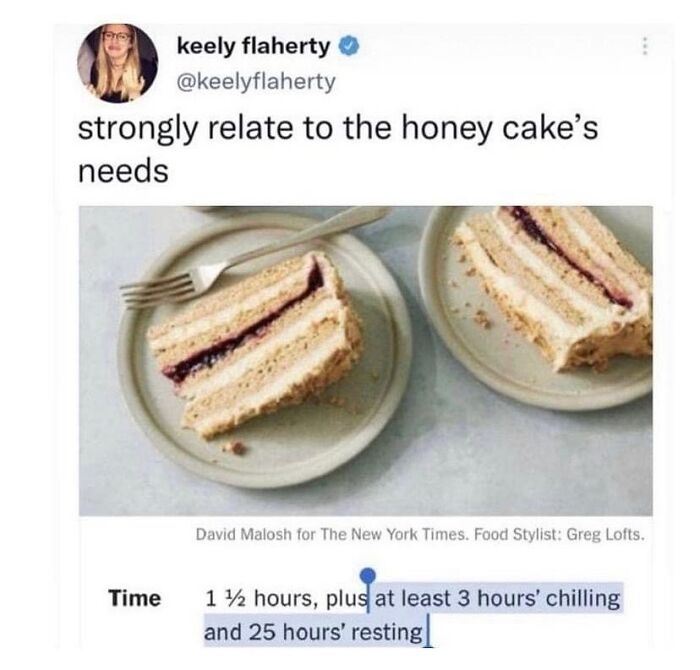 Therapy meme showing relatable humor with honey cake slices and a caption about chilling and resting times.