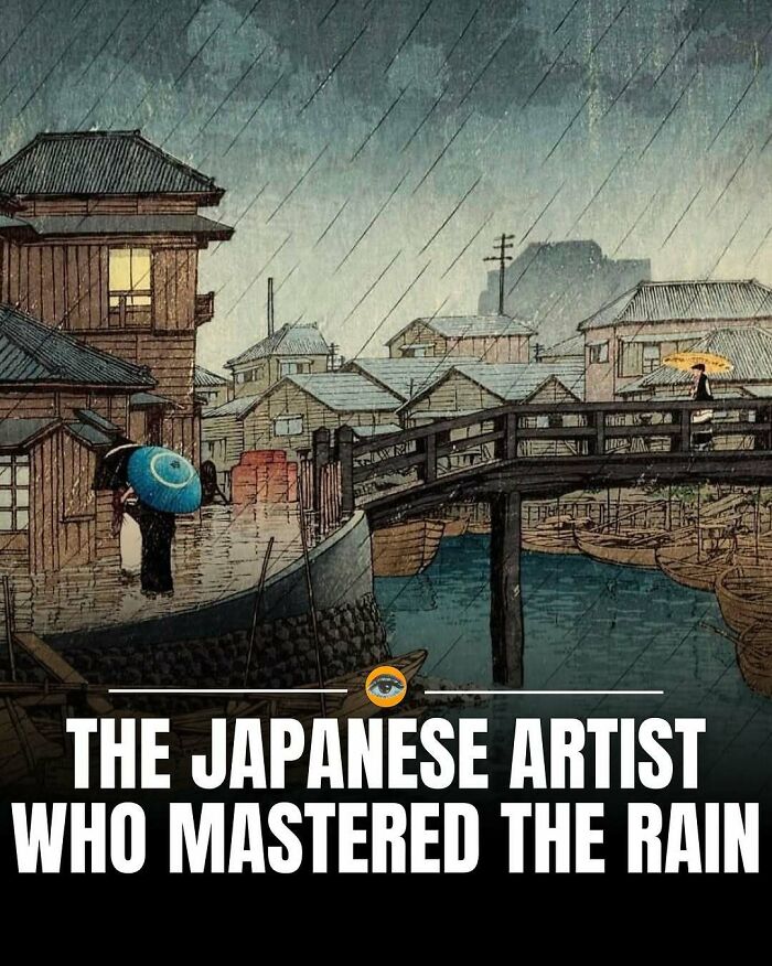 Traditional Japanese artwork depicting a rainy scene with umbrellas, highlighting lighthearted facts and pics.