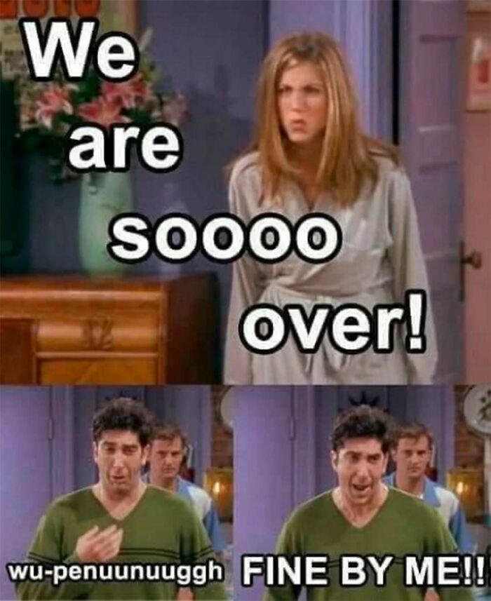 Scene from Friends with Rachel saying we are so over and Ross reacting with funny expressions, showcasing Friends memes and posts humor.