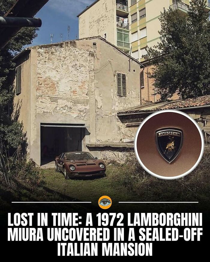 1972 Lamborghini Miura uncovered in a sealed-off Italian mansion, showing a rare classic car in an overgrown yard.