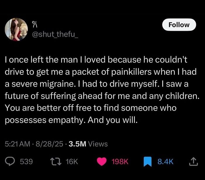 Tweet about leaving a man lacking empathy during severe migraines, highlighted in relatable therapy memes popular on social media.