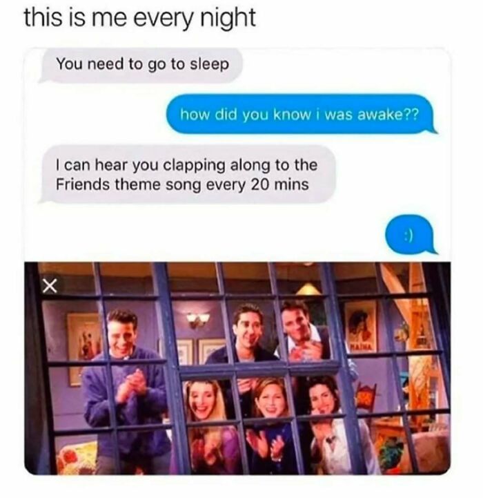 Text message conversation about staying awake clapping to Friends theme song, with image of Friends cast clapping behind window.