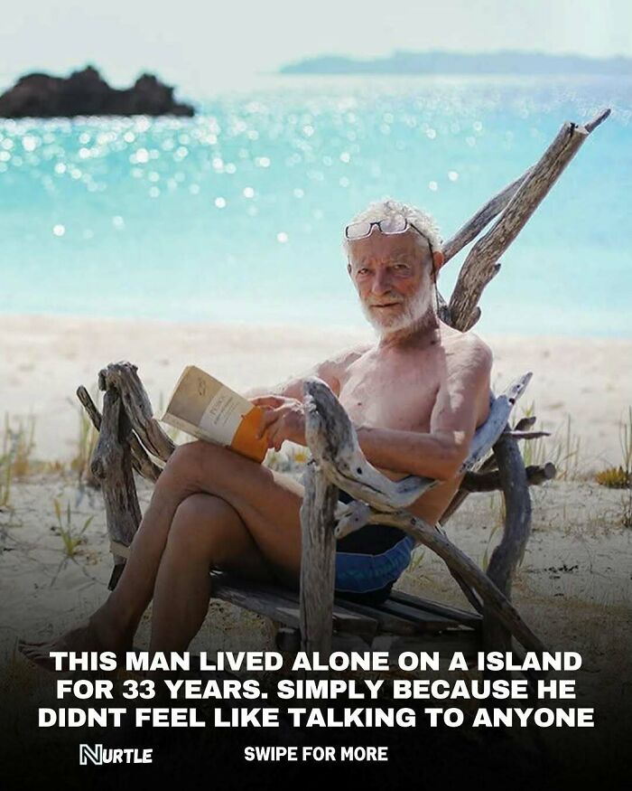 Elderly man reading on a beach chair made of driftwood, illustrating one of the fun random facts about living alone on an island.