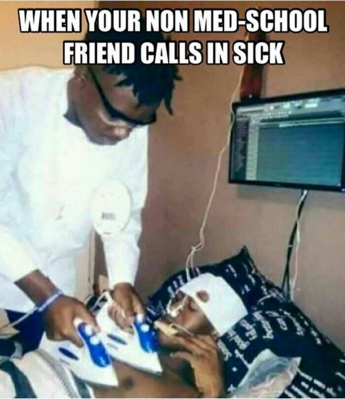 Two men in a humorous healthcare meme, one ironing the chest of a sick friend lying in bed, showing medical humor.