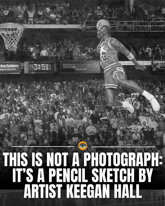 Pencil sketch of basketball player mid-air during a game, highlighting lighthearted facts and pics creativity.