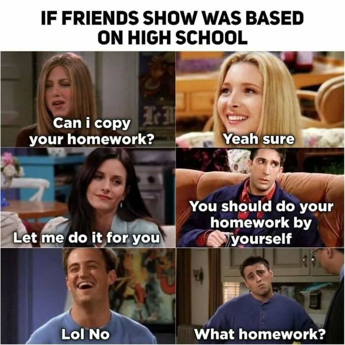 Friends show meme with characters discussing homework in a humorous way from the timeless classic TV series Friends.