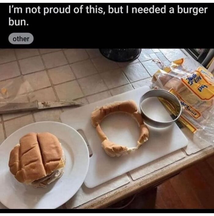 Burger bun trimmed in a circular shape with a cutter for a sandwich, showcasing a funny random meme moment in the kitchen.