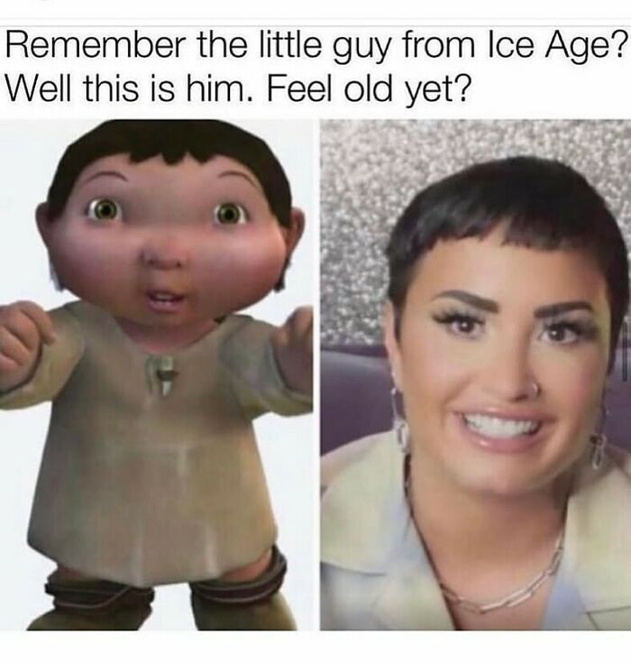 Split image showing cartoon little guy from Ice Age on the left and a smiling woman on the right, a random meme humor.