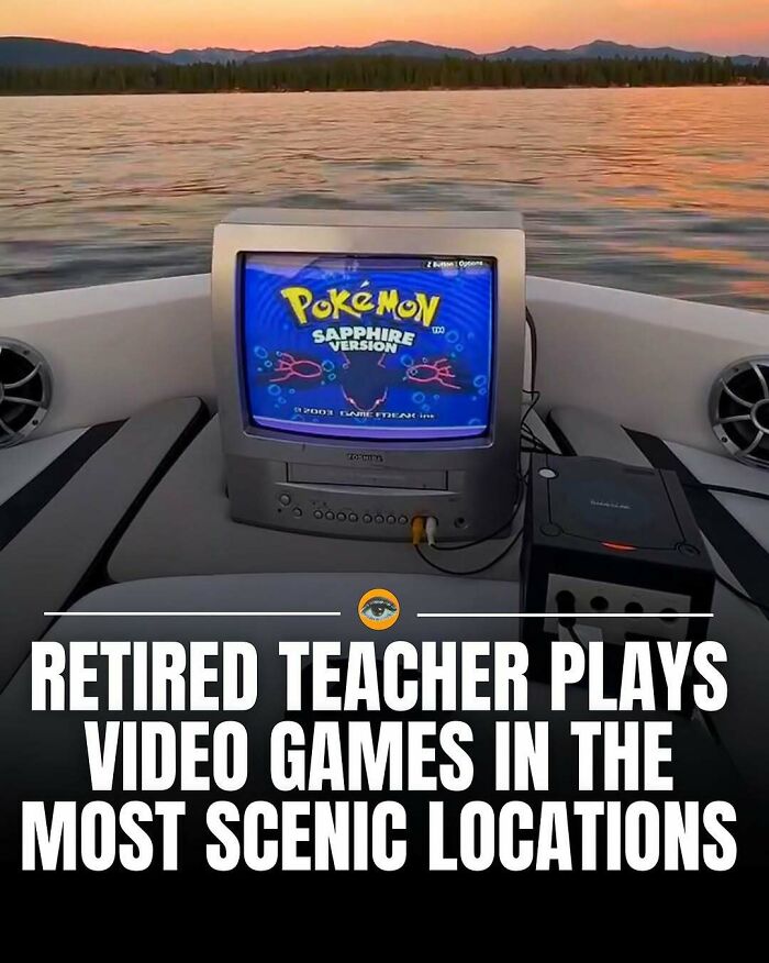 Retro Pokémon Sapphire video game screen on a portable TV in a scenic lake setting, highlighting lighthearted facts and pics.