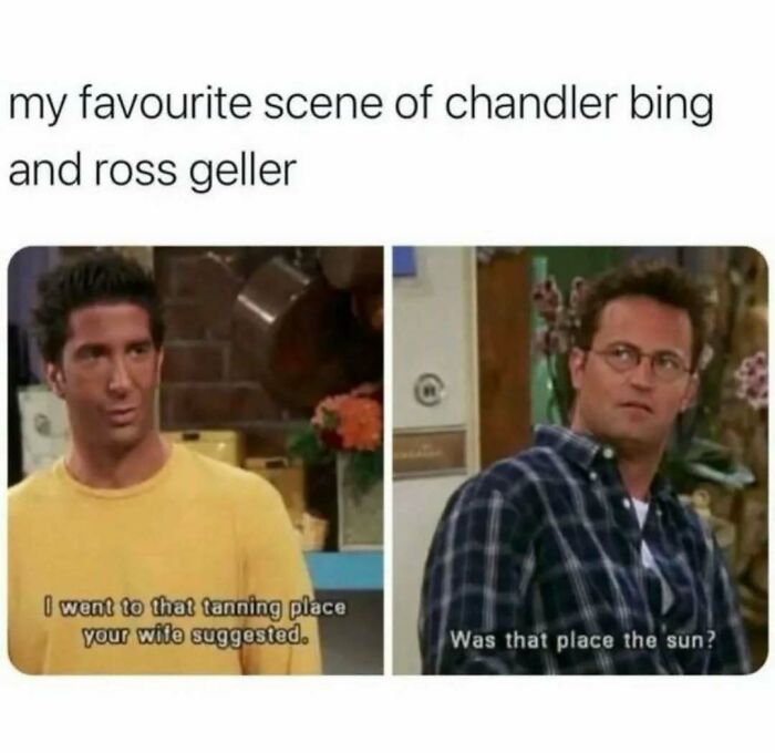 Scene of Chandler Bing and Ross Geller from Friends with funny dialogue about tanning and the sun, showing timeless classic humor.