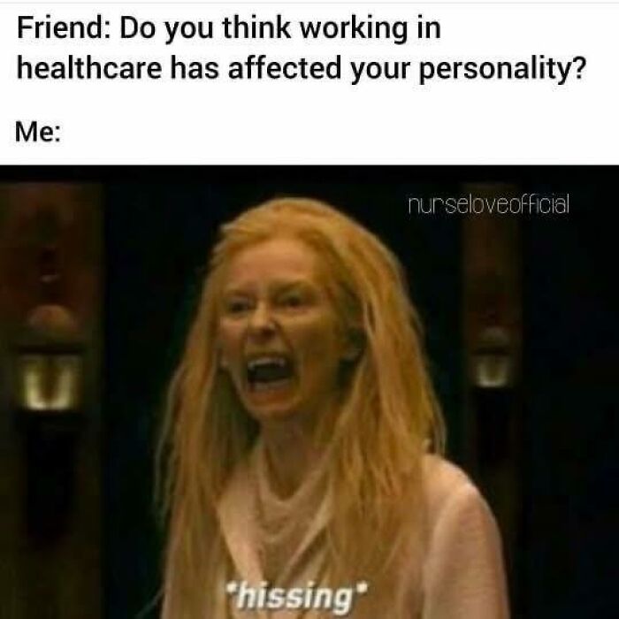 Healthcare meme showing a frustrated person with wild hair reacting to how working in healthcare affects personality.