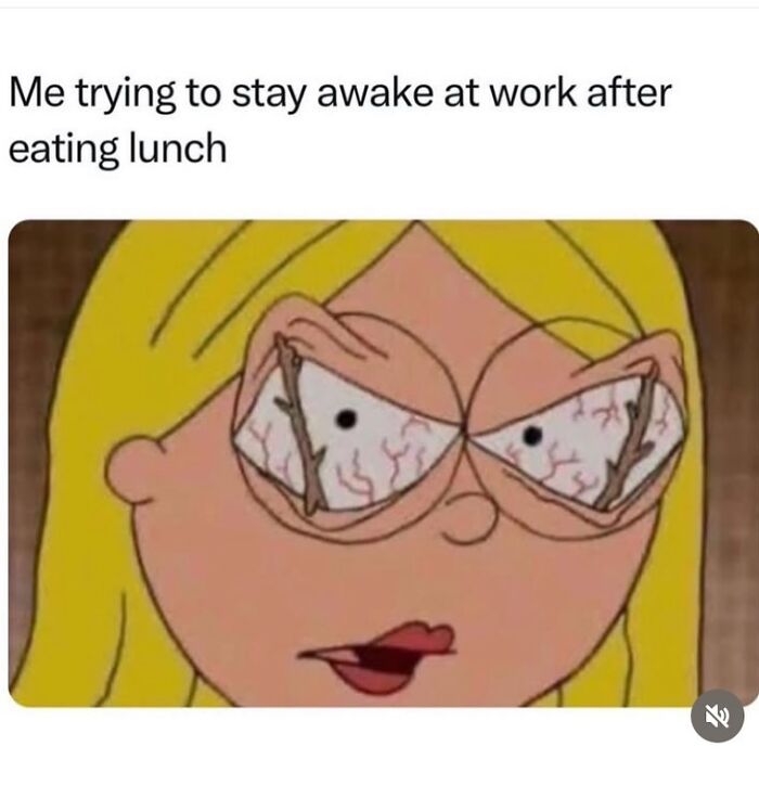 Cartoon character with exaggerated bloodshot eyes, representing struggle to stay awake, featured in random memes.