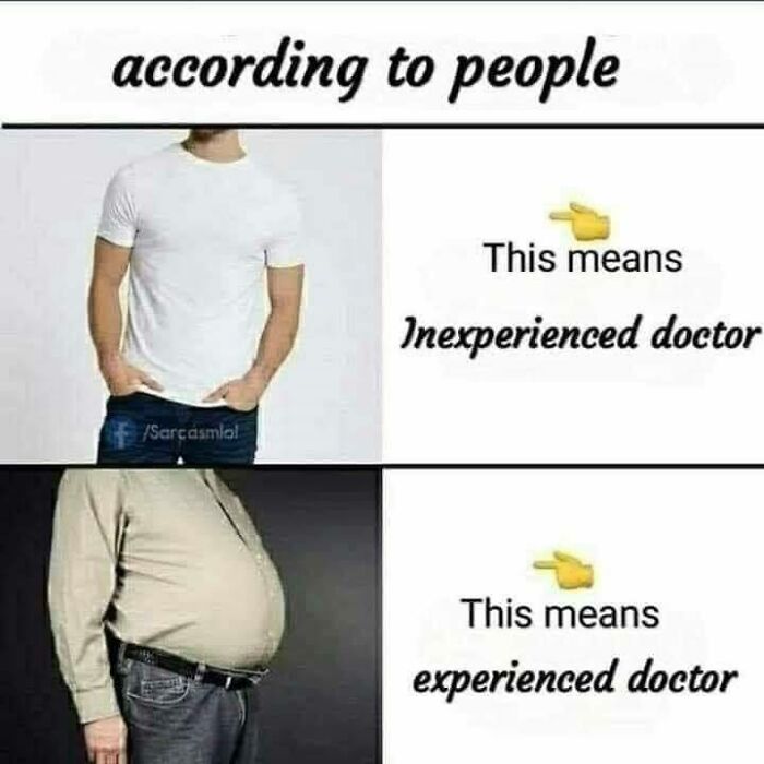 Meme comparing inexperienced and experienced doctors humorously, highlighting healthcare and medical humor themes.