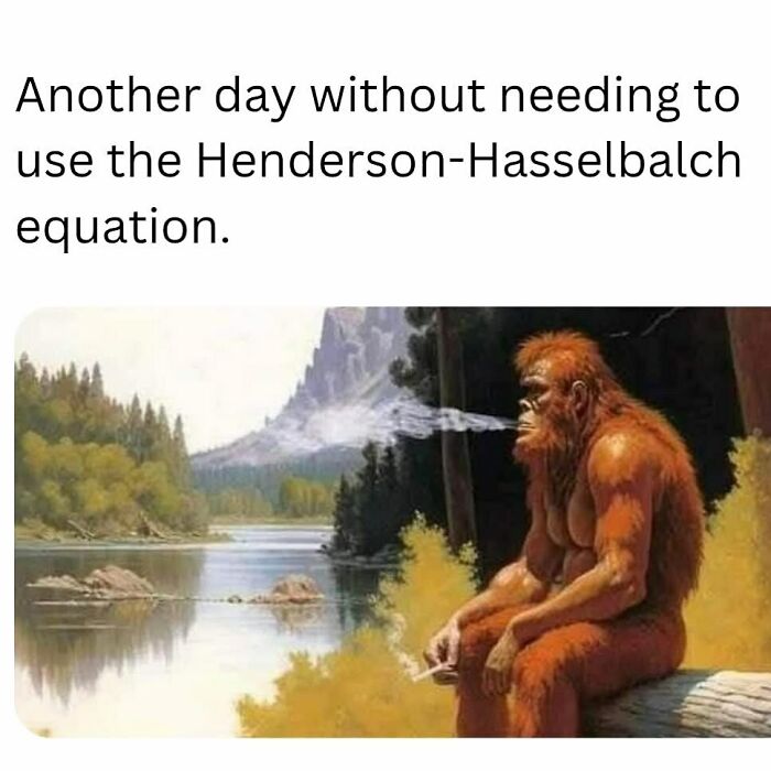 Bigfoot sitting by a lake smoking with text about not needing the Henderson-Hasselbalch equation healthcare memes.