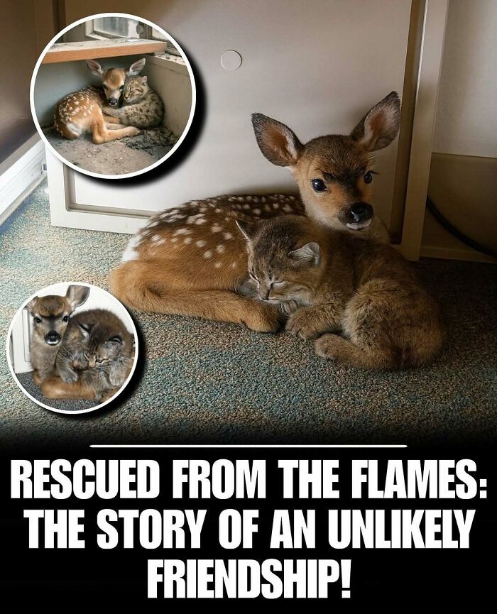Fawn and kitten cuddling together indoors, showcasing cute animals and their unlikely friendship to melt stress.