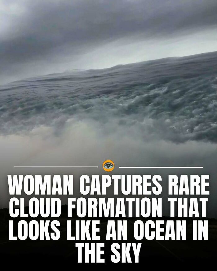 Rare cloud formation resembling an ocean wave captured in the sky, a lighthearted facts and pics moment.