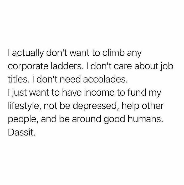 Work meme expressing no desire for corporate ladders, valuing income, mental health, helping others, and good company.
