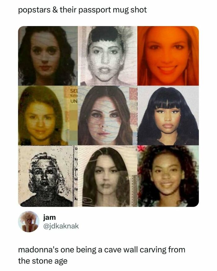 Grid of nine popstars' passport-style photos used as entertaining posts and memes to help fight boredom.