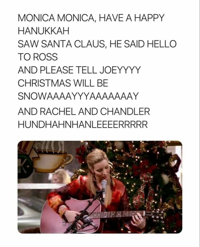 Phoebe from Friends playing guitar and singing a humorous holiday song with Christmas decorations in the background.