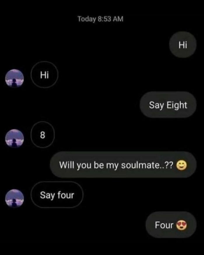 Chat conversation meme showing playful exchange with numbers and soulmate question for meme account explanation.