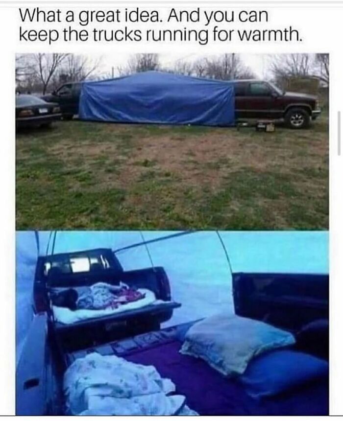 Pickup trucks covered with a tarp creating a cozy sleeping area, a random meme showing creative use of trucks for warmth.