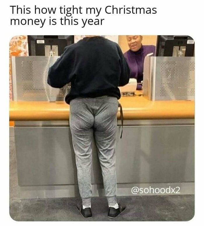 Man at counter wearing tight gray pants, illustrating a funny moment from random memes about money struggles.