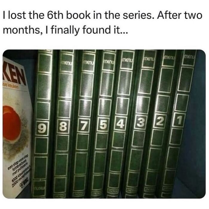 Books numbered 9 to 1 in a series with the 6th book missing, a funny meme about random memes humor and missing items.
