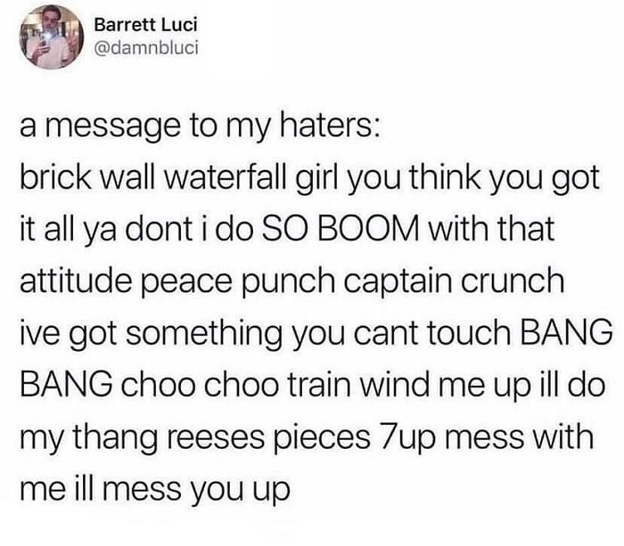 Funny and relatable therapy meme with humorous text about attitude and playful threats aimed at haters.