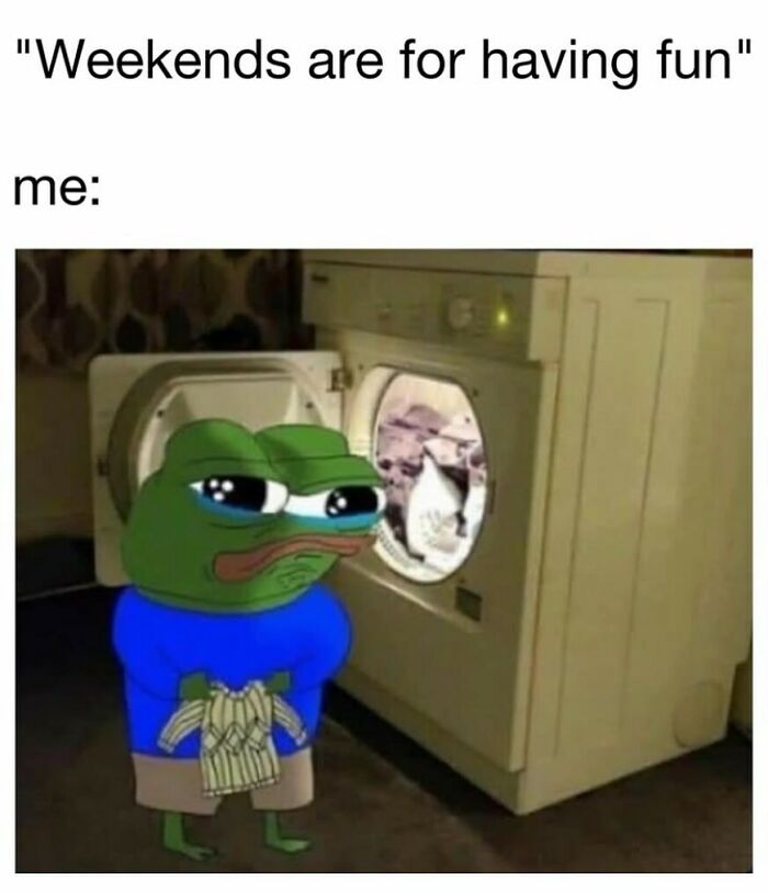Sad Pepe meme standing in front of a washing machine with cat inside, illustrating random memes that are very funny.